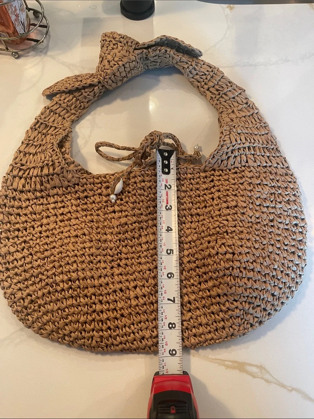 Handwoven Straw Shoulder Bag in Tan with Shell Accents
